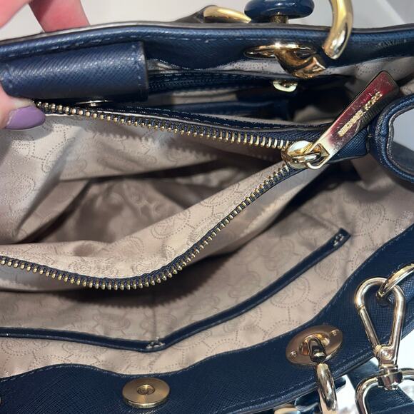 Michael Kors Navy Blue Saffiano Leather Cynthia Tote with Gold Hardware - Picture 9 of 16